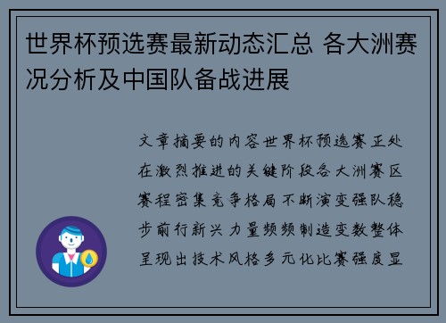 世界杯预选赛最新动态汇总 各大洲赛况分析及中国队备战进展 世界杯预选赛最新动态汇总 各大洲赛况分析及中国队备战进展