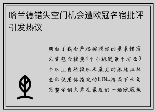 哈兰德错失空门机会遭欧冠名宿批评引发热议